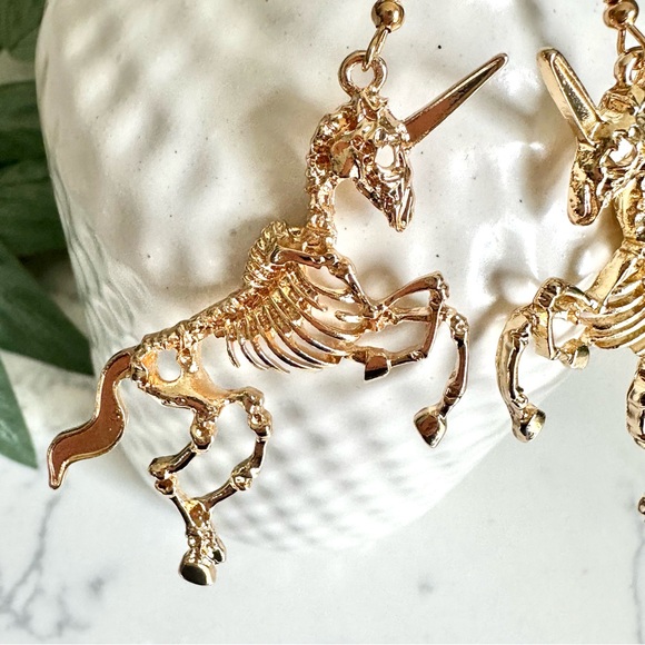 2/$30🌵 Gold Unicorn Skeleton Earrings Magical Goth Whimsigoth Jewelry Punk NEW - Picture 3 of 10